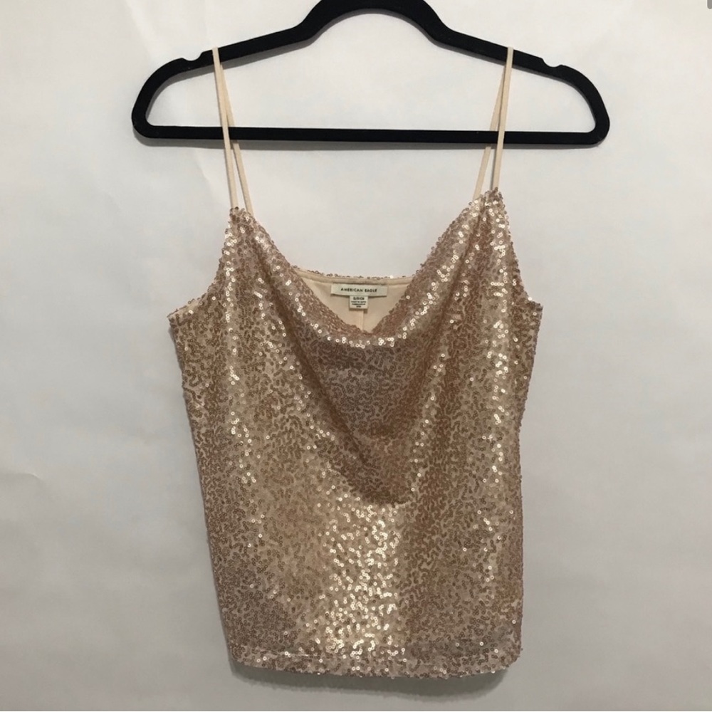 AMERICAN EAGLE ROSE GOLD SEQUIN TANK SMALL COWL HOLIDAY PARTY PINK GOLDEN S